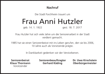 Anzeige von Anni Hutzler von MGO