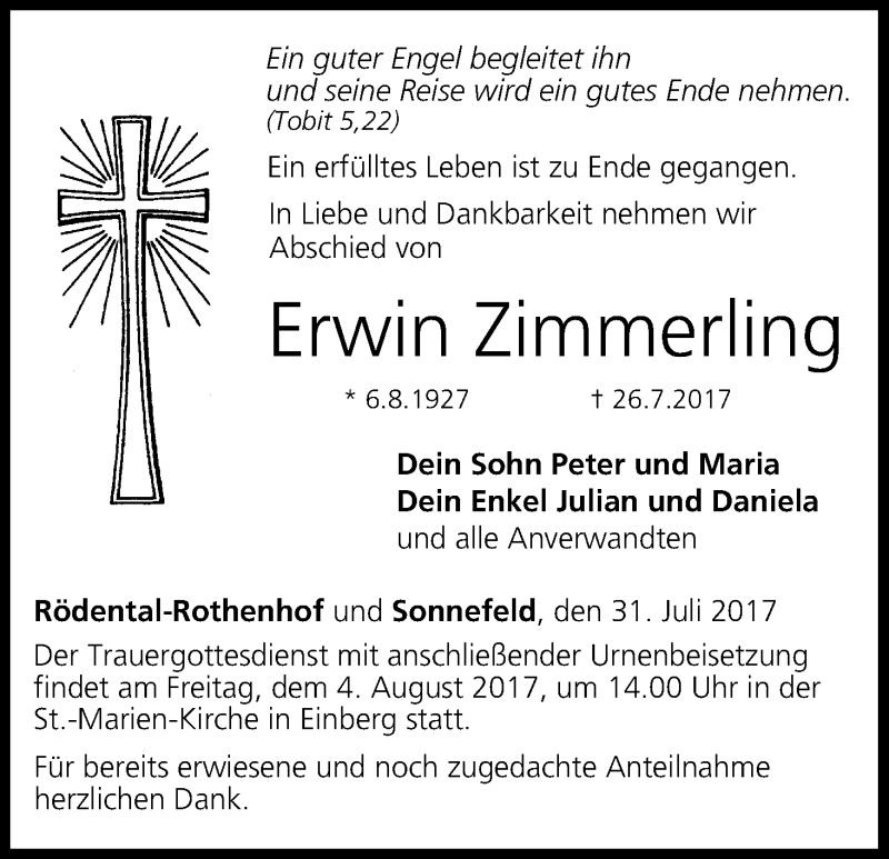  Traueranzeige für Erwin Zimmerling vom 31.07.2017 aus MGO