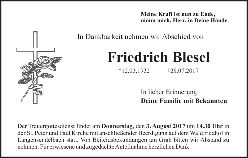  Traueranzeige für Friedrich Blesel vom 29.07.2017 aus MGO
