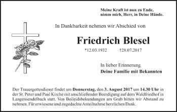 Anzeige von Friedrich Blesel von MGO