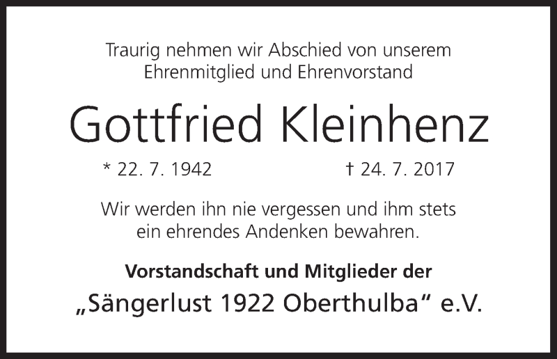  Traueranzeige für Gottfried Kleinhenz vom 29.07.2017 aus MGO