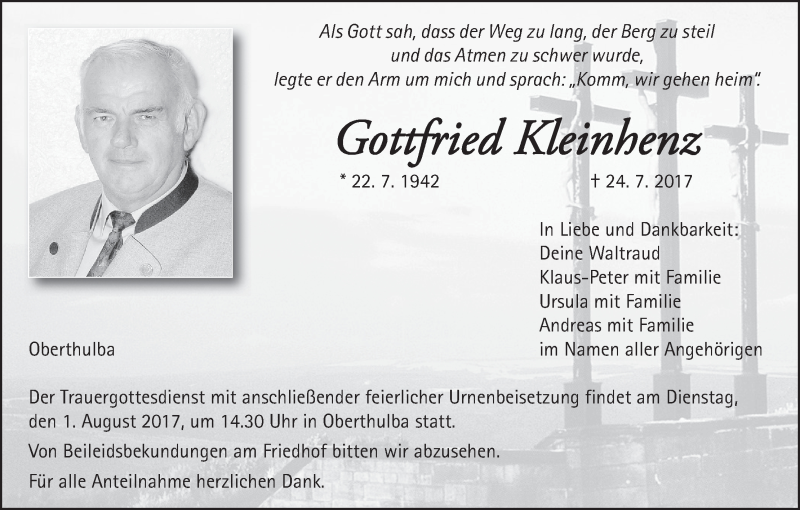  Traueranzeige für Gottfried Kleinhenz vom 29.07.2017 aus MGO