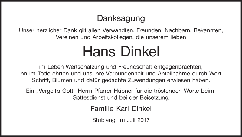  Traueranzeige für Hans Dinkel vom 29.07.2017 aus MGO