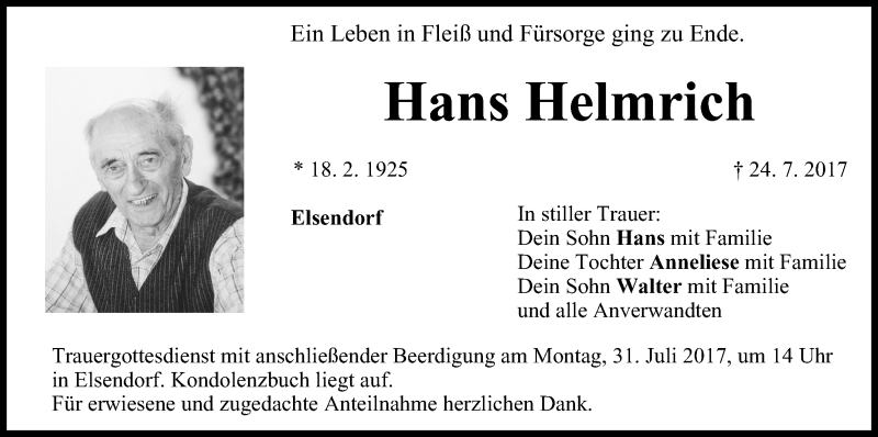  Traueranzeige für Hans Heimrich vom 29.07.2017 aus MGO