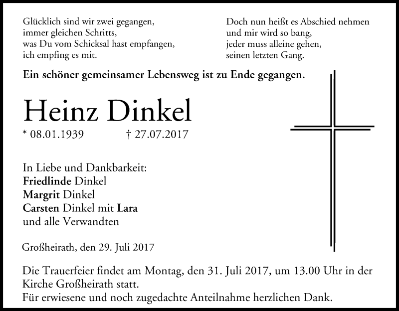  Traueranzeige für Heinz Dinkel vom 29.07.2017 aus MGO