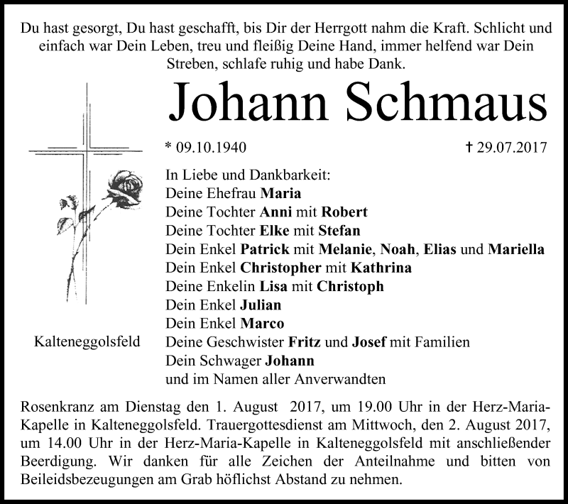  Traueranzeige für Johann Schmaus vom 31.07.2017 aus MGO