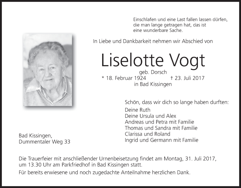  Traueranzeige für Liselotte Vogt vom 28.07.2017 aus MGO