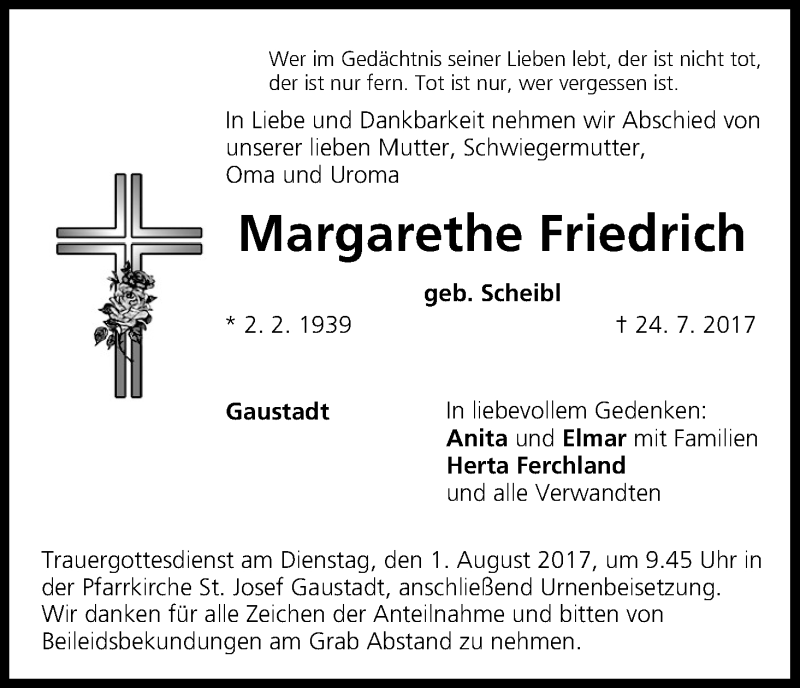  Traueranzeige für Margarethe Friedrich vom 29.07.2017 aus MGO