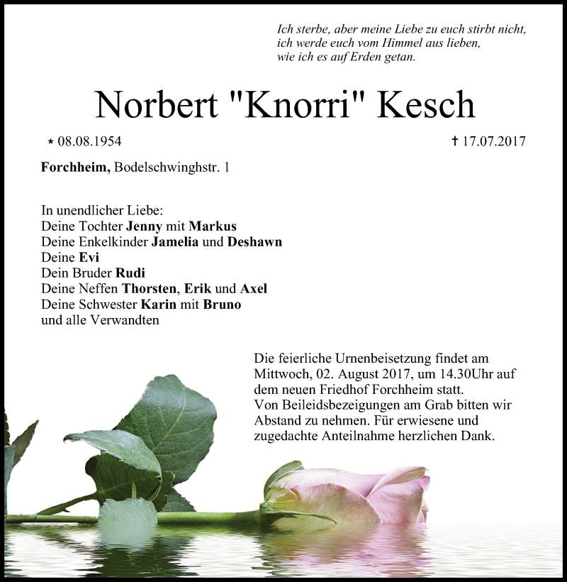  Traueranzeige für Norbert Kesch vom 29.07.2017 aus MGO