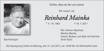 Anzeige von Reinhard Mainka von MGO