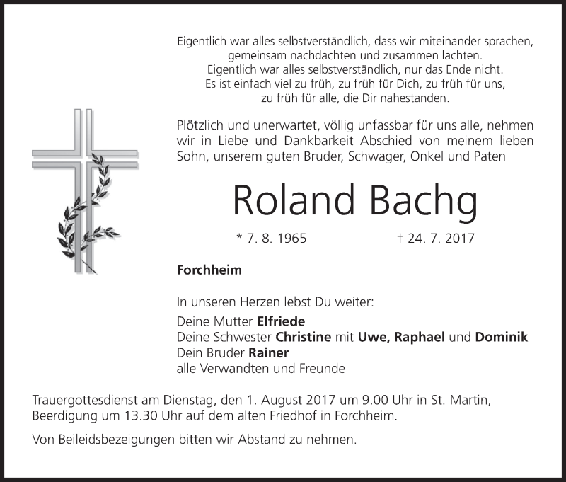  Traueranzeige für Roland Bachg vom 29.07.2017 aus MGO