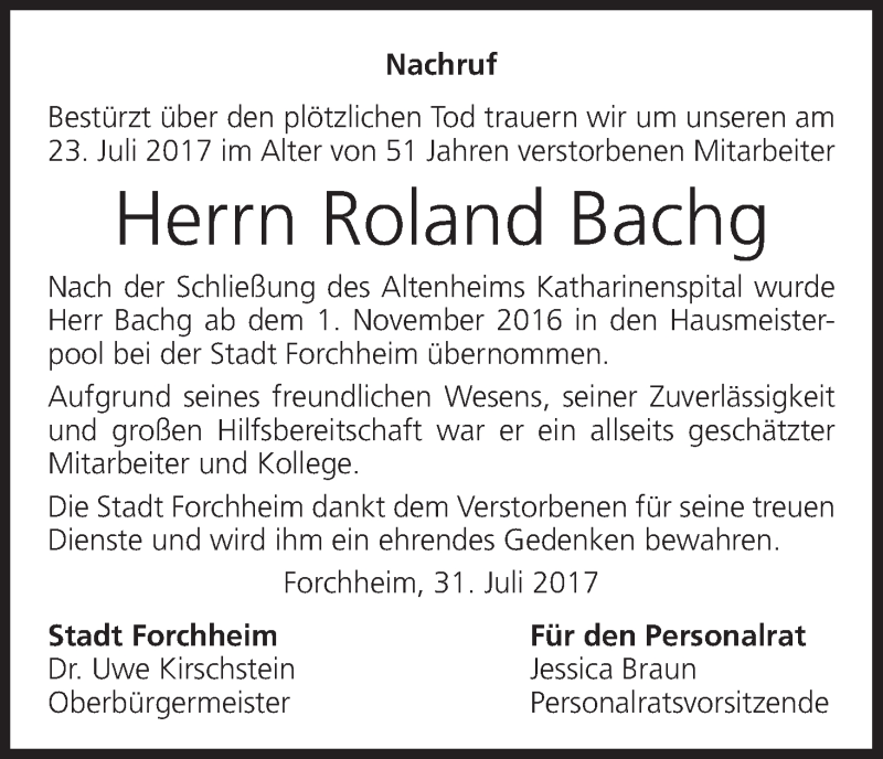  Traueranzeige für Roland Bachg vom 31.07.2017 aus MGO