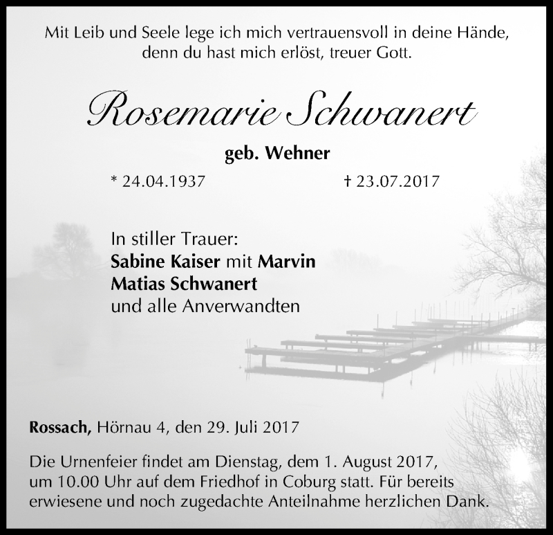 Traueranzeige für Rosemarie Schwanert vom 29.07.2017 aus MGO
