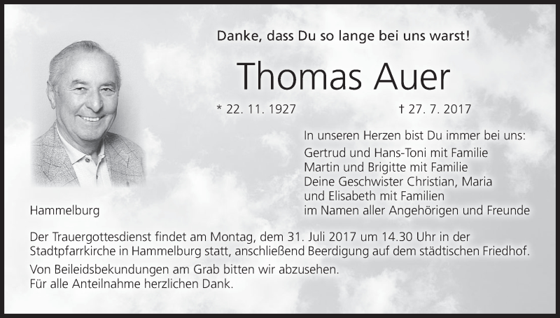  Traueranzeige für Thomas Auer vom 29.07.2017 aus MGO