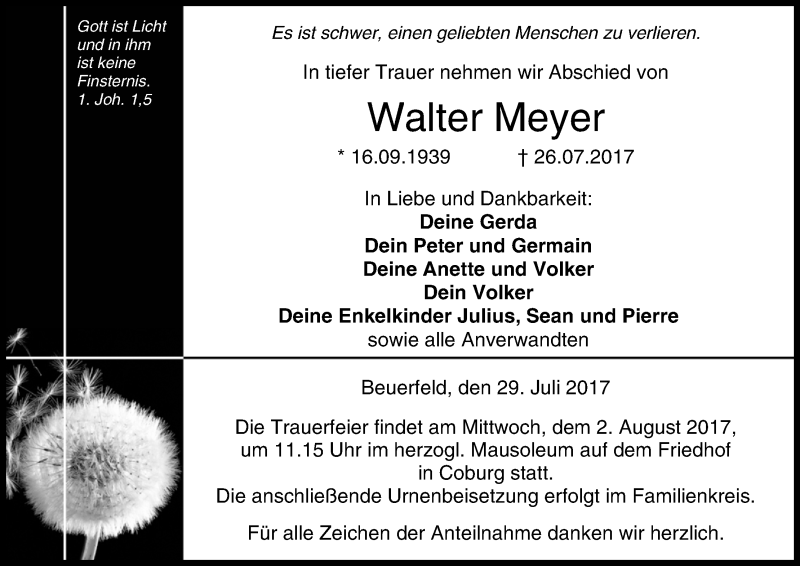  Traueranzeige für Walter Meyer vom 29.07.2017 aus MGO