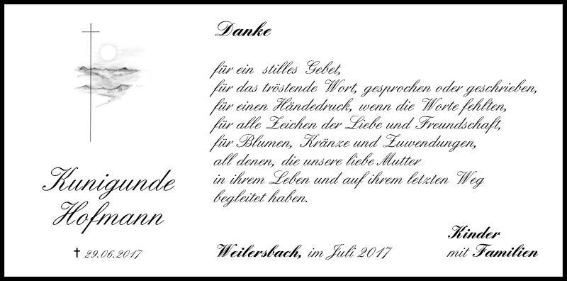  Traueranzeige für Kunigunde Hofmann vom 15.07.2017 aus MGO