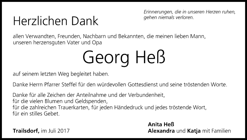 Traueranzeige für Georg Heß vom 08.07.2017 aus MGO