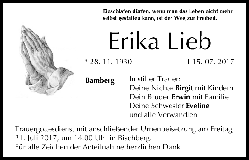  Traueranzeige für Erika Lieb vom 18.07.2017 aus MGO