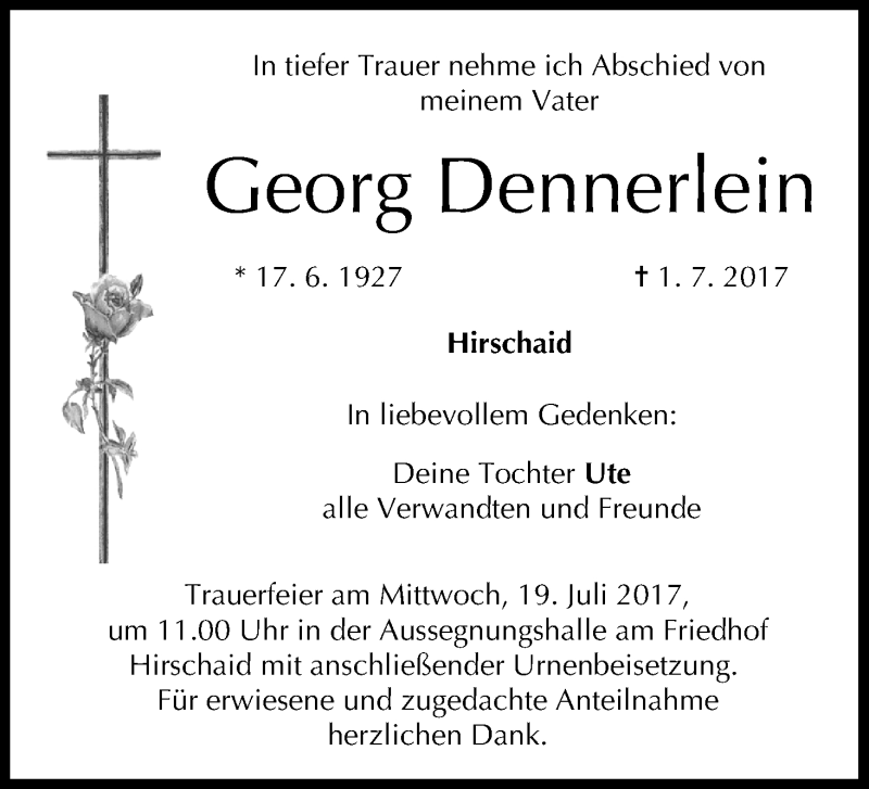  Traueranzeige für Georg Dennerlein vom 15.07.2017 aus MGO