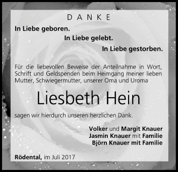 Anzeige von Liesbeth Hein von MGO