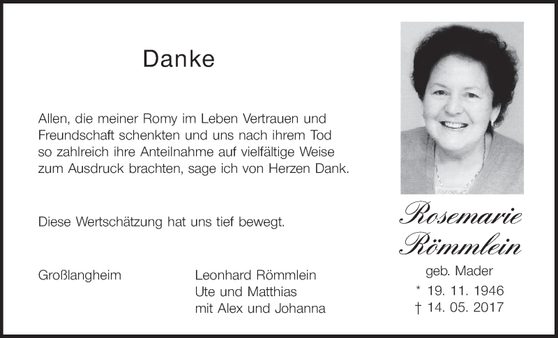  Traueranzeige für Rosemarie Römmlein vom 01.07.2017 aus MGO