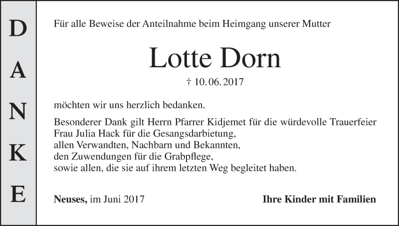  Traueranzeige für Lotte Dorn vom 01.07.2017 aus MGO
