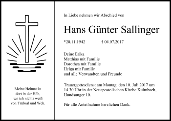 Anzeige von Hans Günter Sallinger von MGO