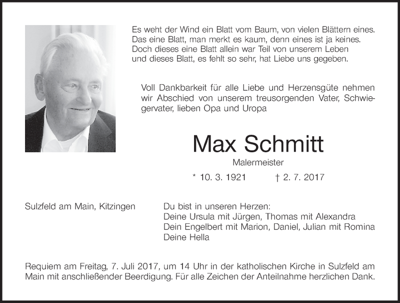  Traueranzeige für Max Schmitt vom 05.07.2017 aus MGO