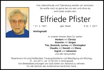 Anzeige von Elfriede Pfister von MGO