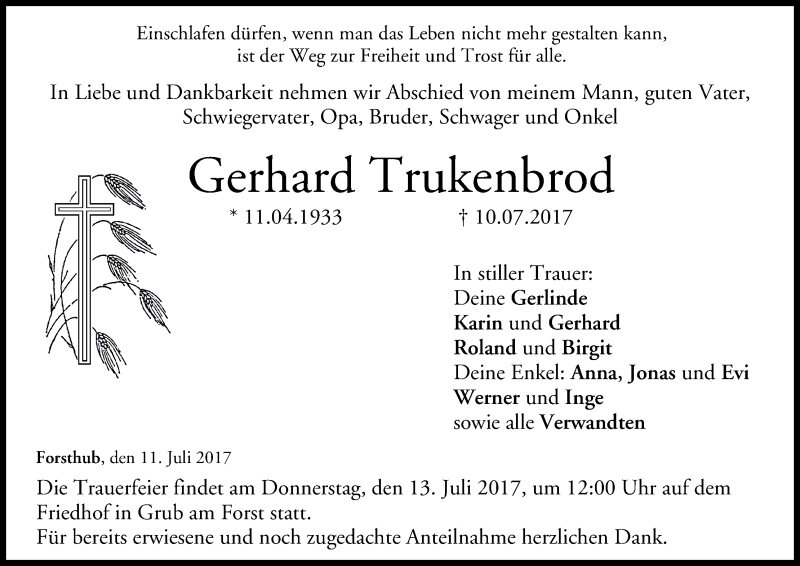  Traueranzeige für Gerhard Trukenbrod vom 11.07.2017 aus MGO