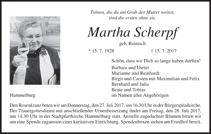  Traueranzeige für Martha Scherpf vom 22.07.2017 aus MGO