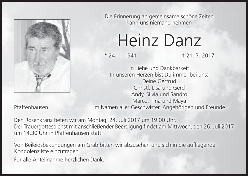  Traueranzeige für Heinz Danz vom 22.07.2017 aus MGO