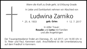 Anzeige von Ludwina Zarniko von MGO