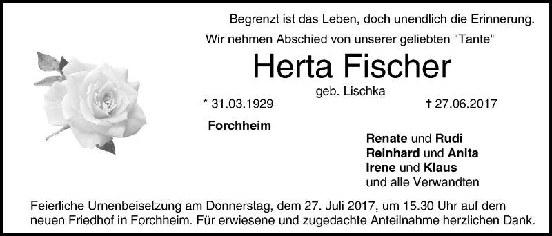  Traueranzeige für Herta Fischer vom 22.07.2017 aus MGO