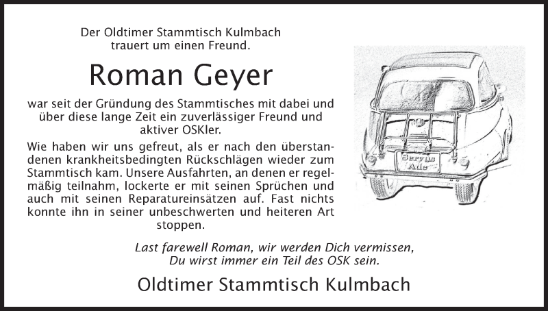  Traueranzeige für Roman Geyer vom 03.07.2017 aus MGO