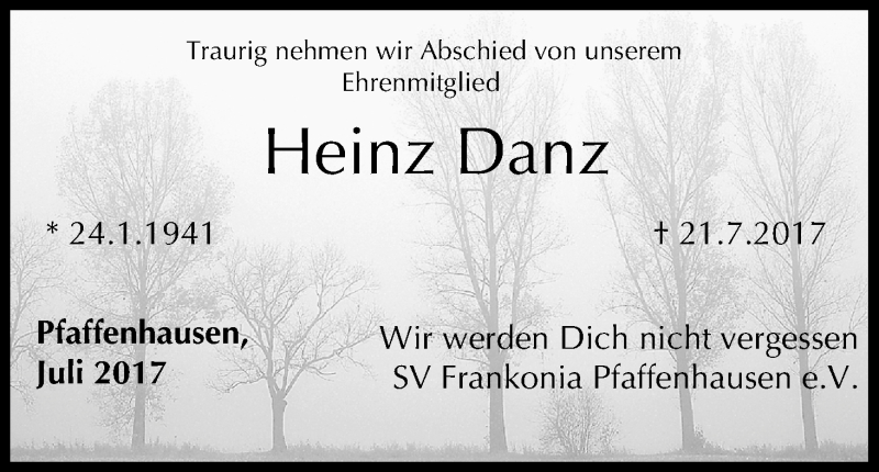  Traueranzeige für Heinz Danz vom 26.07.2017 aus MGO