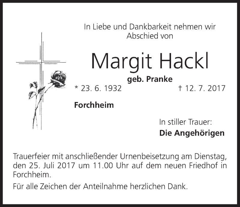  Traueranzeige für Margit Hackl vom 22.07.2017 aus MGO