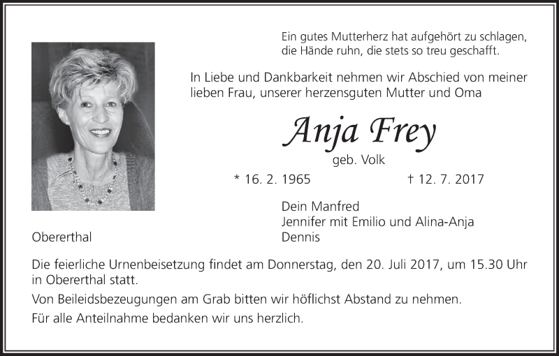  Traueranzeige für Anja Frey vom 18.07.2017 aus MGO