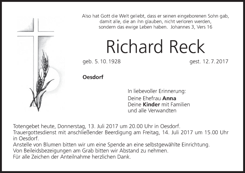  Traueranzeige für Richard Reck vom 13.07.2017 aus MGO