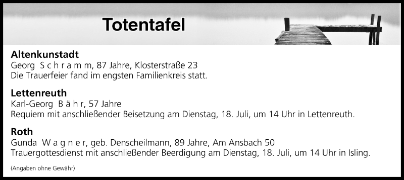  Traueranzeige für Totentafel vom 18.07.2017 vom 18.07.2017 aus MGO