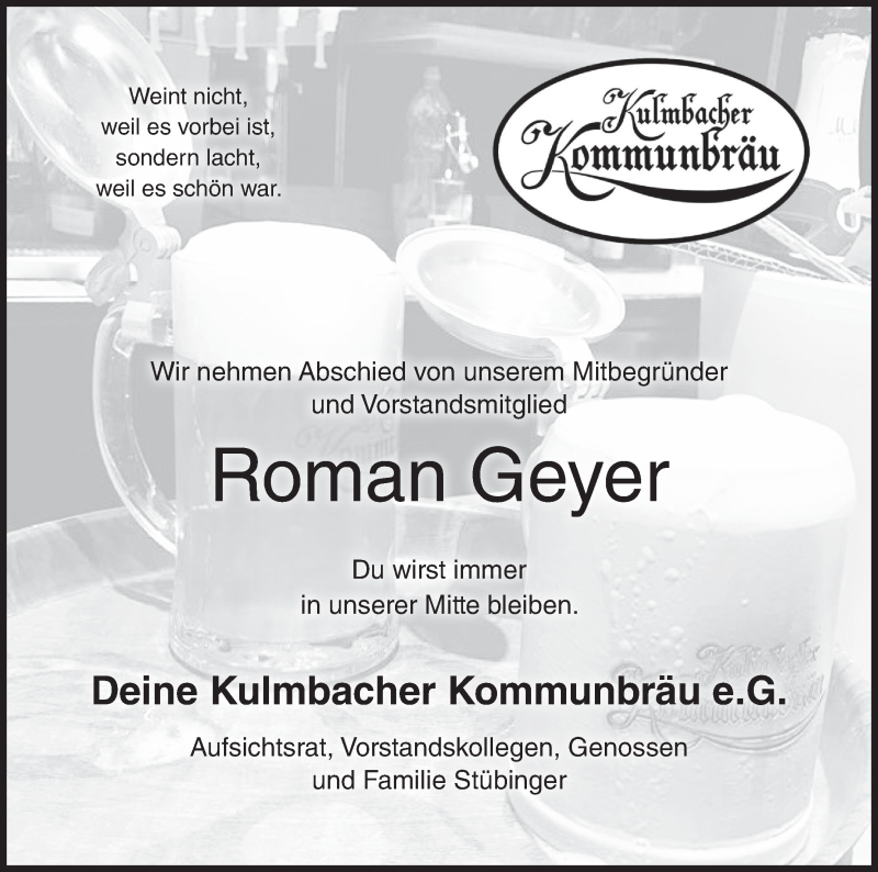  Traueranzeige für Roman Geyer vom 04.07.2017 aus MGO