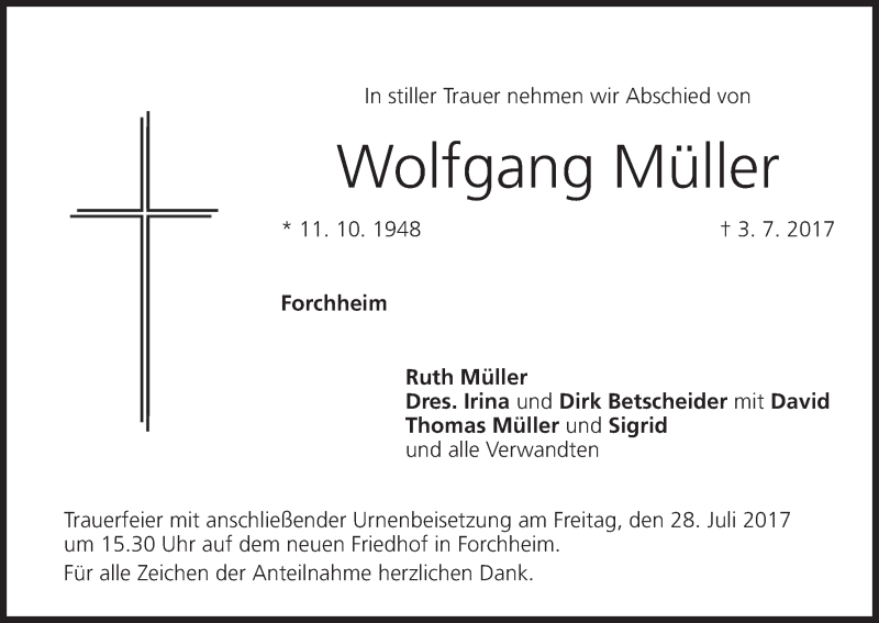  Traueranzeige für Wolfgang Müller vom 22.07.2017 aus MGO