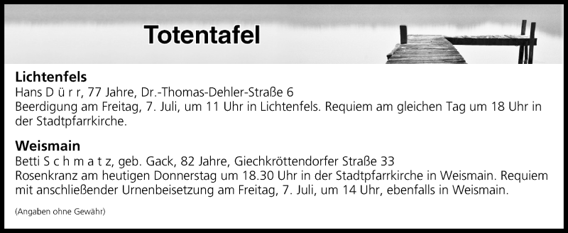  Traueranzeige für Totentafel vom 06.07.2017 vom 06.07.2017 aus MGO