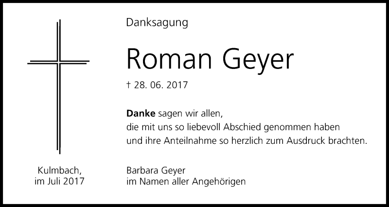  Traueranzeige für Roman Geyer vom 22.07.2017 aus MGO