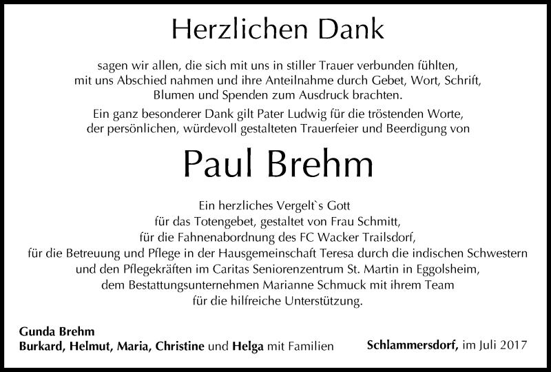 Traueranzeige für Paul Brehm vom 15.07.2017 aus MGO