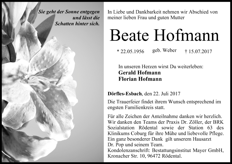  Traueranzeige für Beate Hofmann vom 22.07.2017 aus MGO