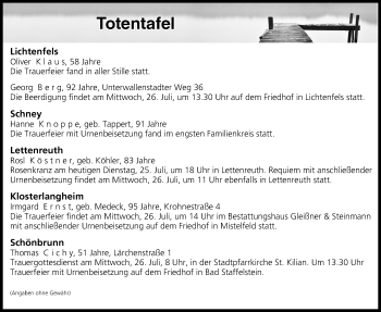 Anzeige von Totentafel vom 25.07.2017 von MGO