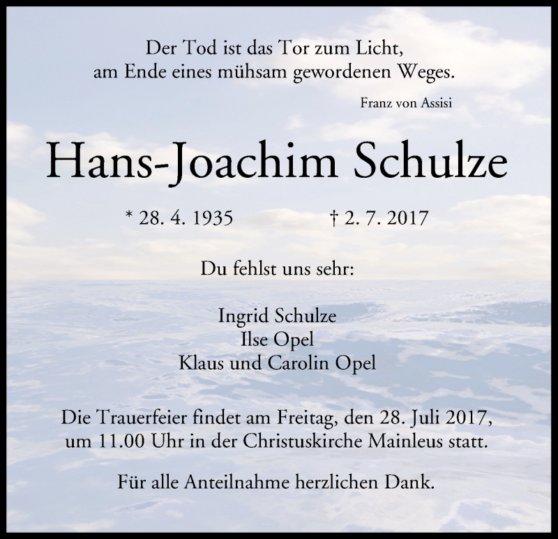  Traueranzeige für Hans-Joachim Schulze vom 25.07.2017 aus MGO