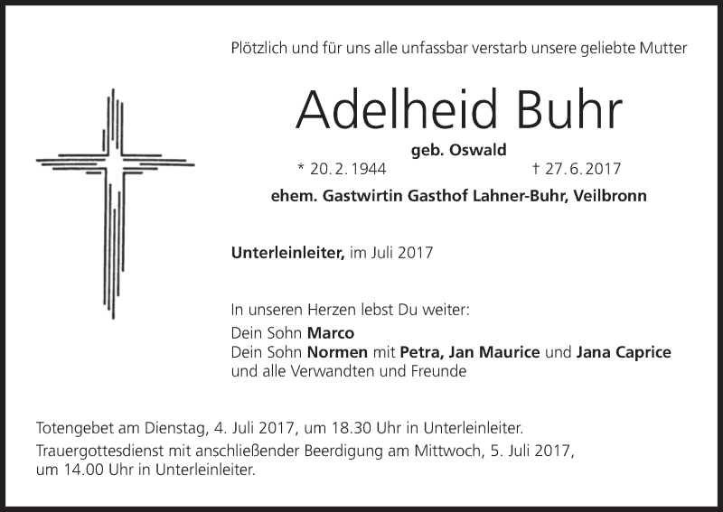  Traueranzeige für Adelheid Buhr vom 01.07.2017 aus MGO