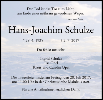 Anzeige von Hans-Joachim Schulze von MGO
